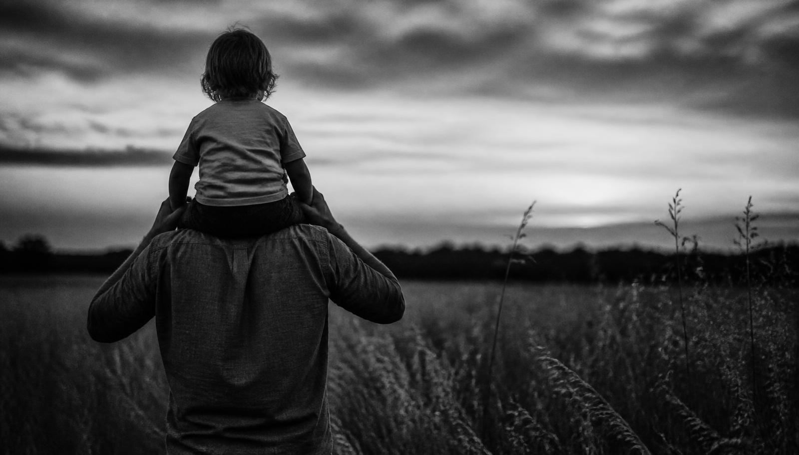 A father carrying his child on his shoulders through a field at dusk